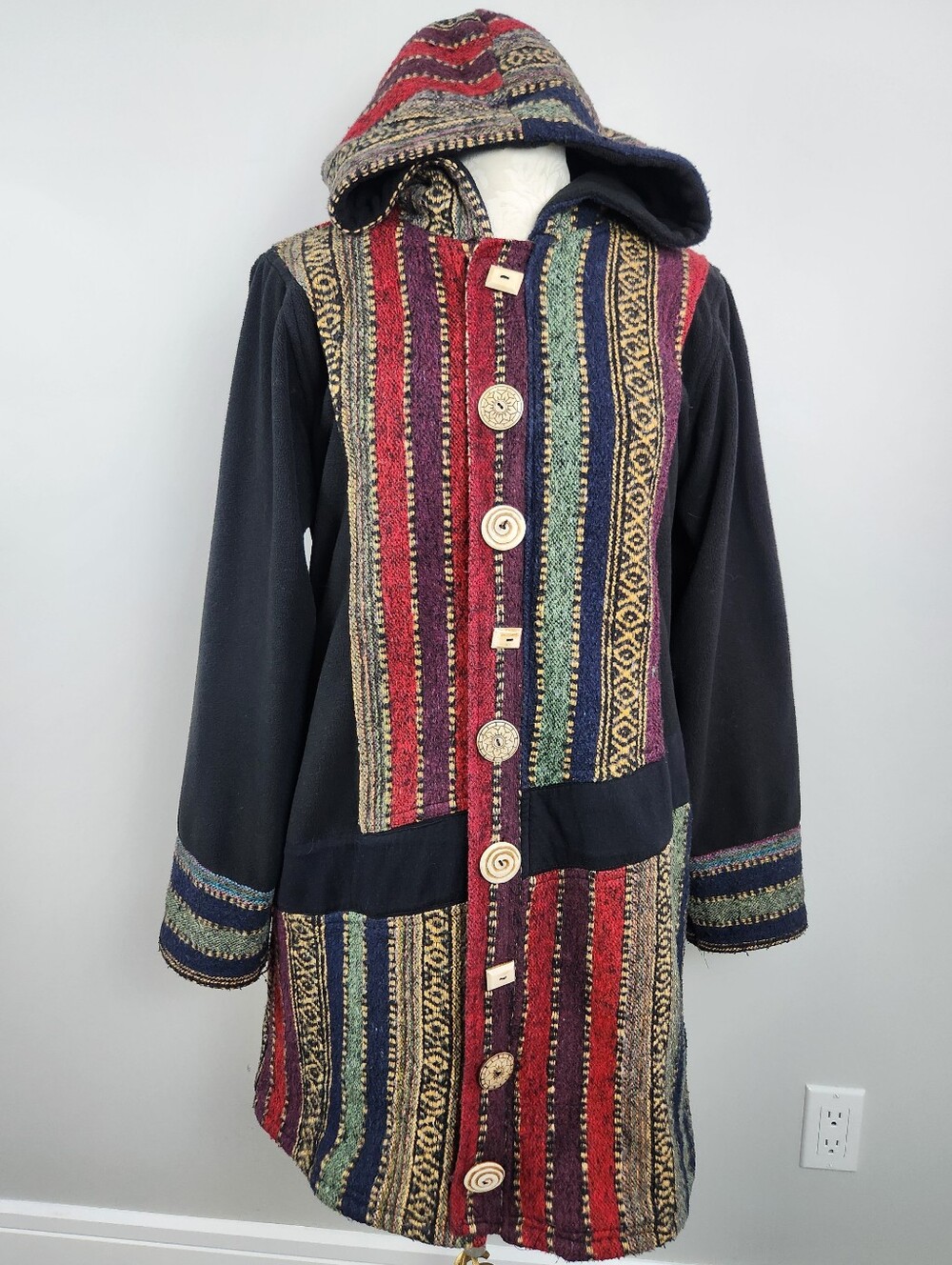 Leopards & Roses Long Fleece Jacket Hooded Coat Patchwork Boho Artsy Size L